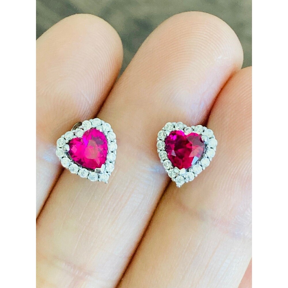 925 Sterling Silver Ruby Heart Stud Earrings - image 3
